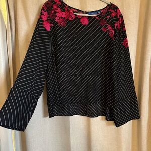 Apt. 9 Black Pinstripe Blouse with Pink Floral Yoke